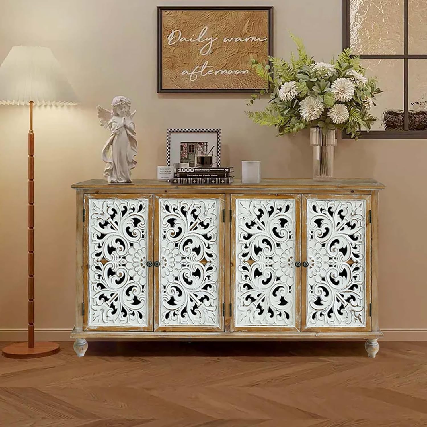 Dolonm Accent Cabinet with 4 Doors, Farmhouse Sideboard Buffet Cabinet with Storage, Modern Storage Cabinet with Wood Carved Floral Doors for Living Room, Dining Room, Entryway, Hallway, Kitchen