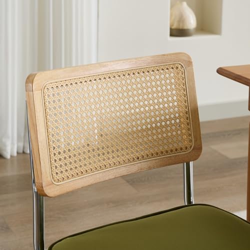 Mid-Century Modern Velvet Accent Dining Chairs Set of 2 - Natural Cane Rattan Back with Stainless Chrome Cantilever Base, Upholstered for Ultimate Comfort in Your Kitchen or Dining Room (Olive Green)