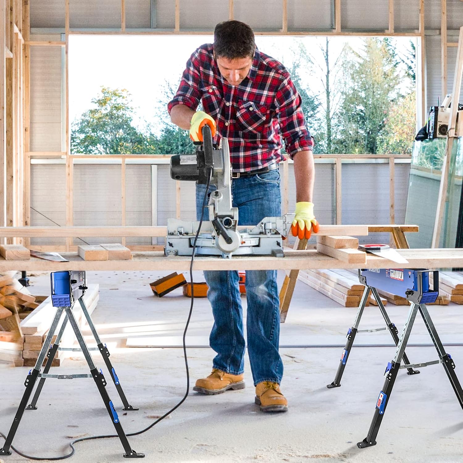 WORKPRO Folding Sawhorse, 2-Pack Adjustable Heavy Duty Saw horse with 2x4 Support Arms, 3000 lbs Load Capacity, 24-32 inch Height Adjustable Legs, Pivoting Feet & Support Pegs