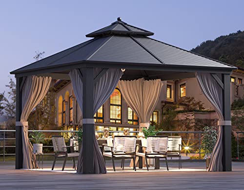 MELLCOM 12'x16' Hardtop Gazebo, Galvanized Steel Metal Double Roof Canopy with Curtains and Netting, Brown Permanent Pavilion Gazebos with Aluminum Frame for Garden, Patio, Lawns, Deck