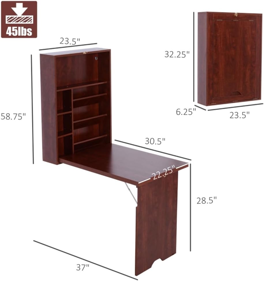 Wall Mounted Desk, Fold Out Convertible Floating Desk, Space Saving Computer Desk Hanging Table with Storage Area,Mahogany