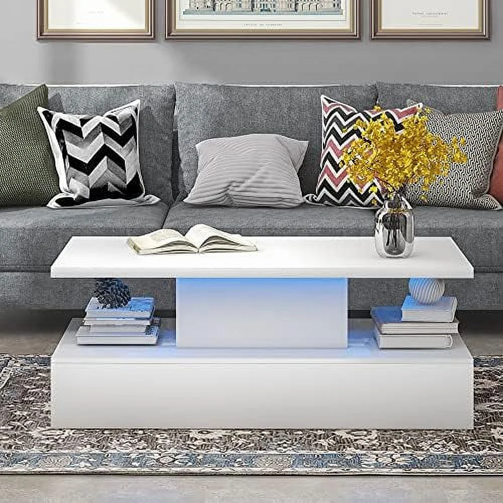 RUNFAYBIU Modern Coffee Table with LED Lights  High Gloss Rectangle Coffee Table with 2 Tiers and 16-Color LED Light  47.2 in Cocktail End Table Modern Side/End/Sofa Table for Living Room