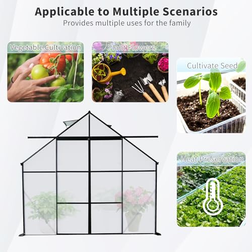 8x10FT Heavy-Duty Walk-in Greenhouse with Double Sliding Doors, Polycarbonate Panels, & Aluminum Frame, All-Season Outdoor Greenhouse with Adjustable Roof, Black