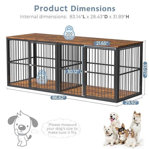 86.62''Dog Crate Furniture Large Breed TV Stand with Double Rooms,Wooden Dog Kennel Dog Crate End Table with Removable Divider for Large Medium Dogs, Can Use Separately, Brown
