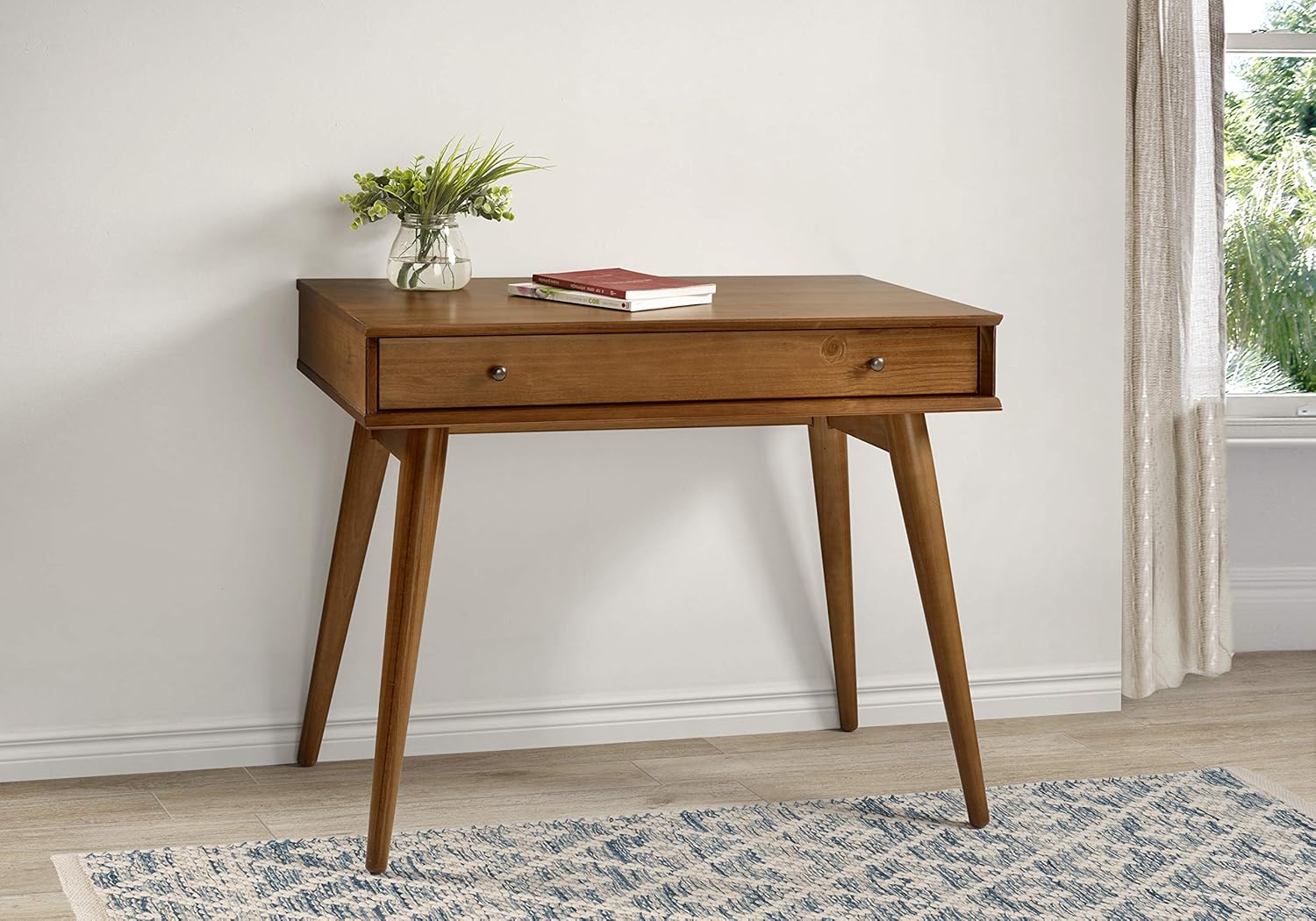 Mid-Century Modern Computer Desk / 35.75W / Study Writing Table for Home Office / Solid Wood / Natural Variations of Wood Grains / One Drawer / Partial Assembly, Castanho Brown