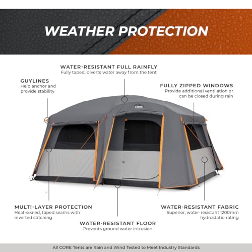 CORE Tent for Family Camping | 10 Person / 11 Person / 12 Person Large Multi Room Cabin Tents for Car Camping & Outdoor Adventures