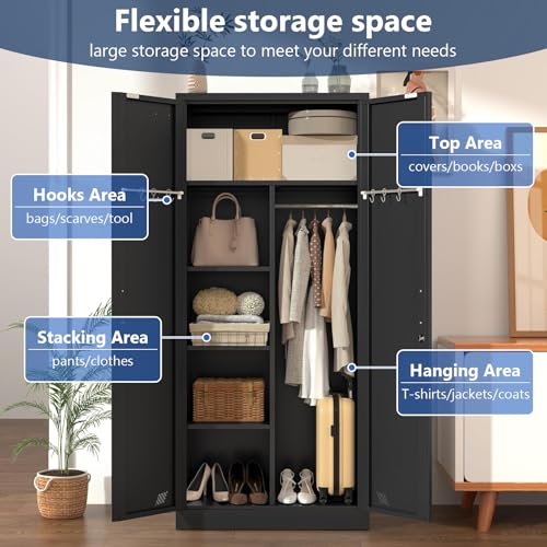 71" Armoire Wardrobe Closet with 2 Doors & 2 Drawers, Metal Storage Cabinet with Drawers and Hanging Rod, Metal Closet Organizers for Home, Office,Gym(White)