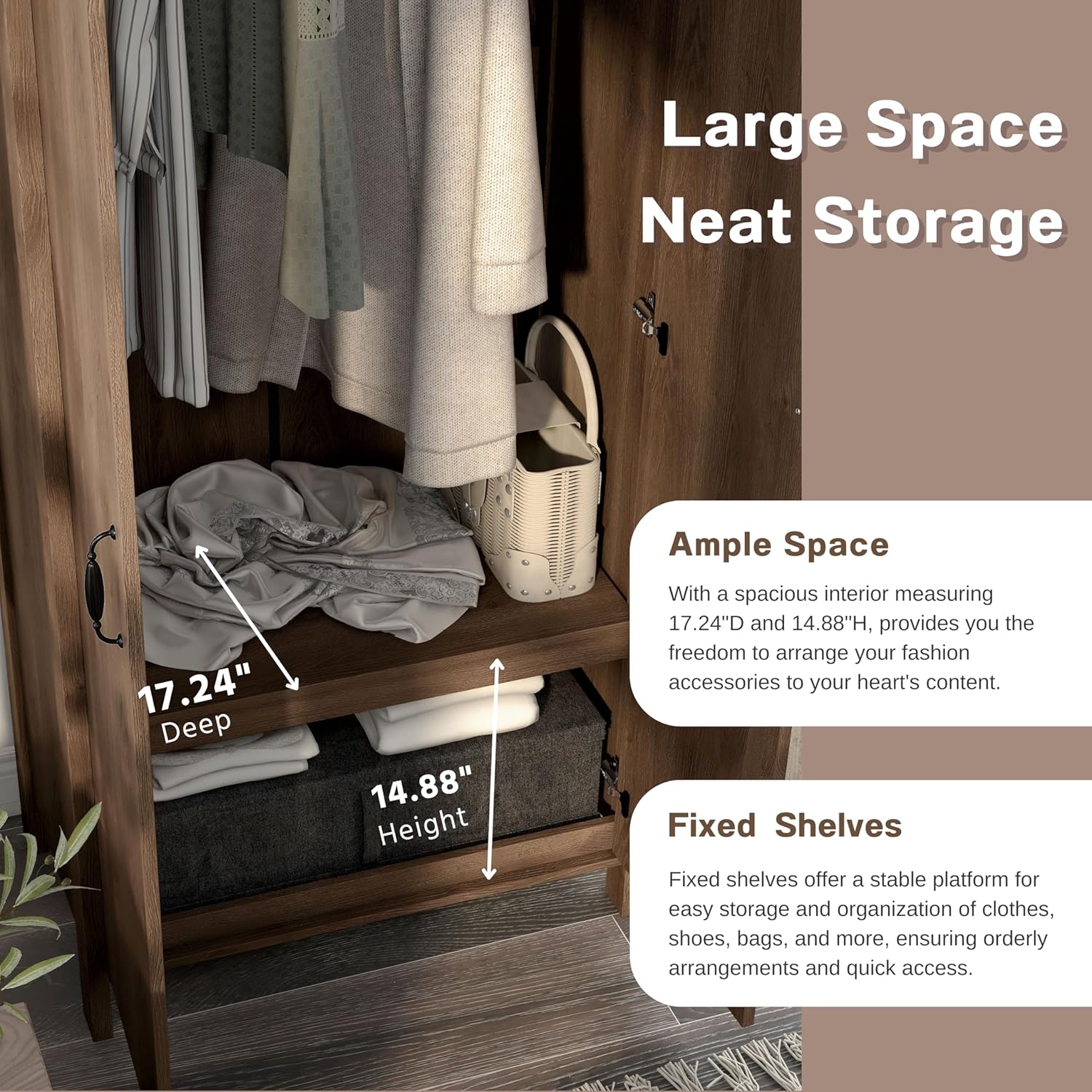 24/7 Shop at Home Piper Farmhouse 2-Doors Wood Armoire Wardrobe Closet with Fixed Shelves and Hanging Rack, Freestanding Clothes Cabinet for Bedroom, Guest room, Basement, Walnut Brown