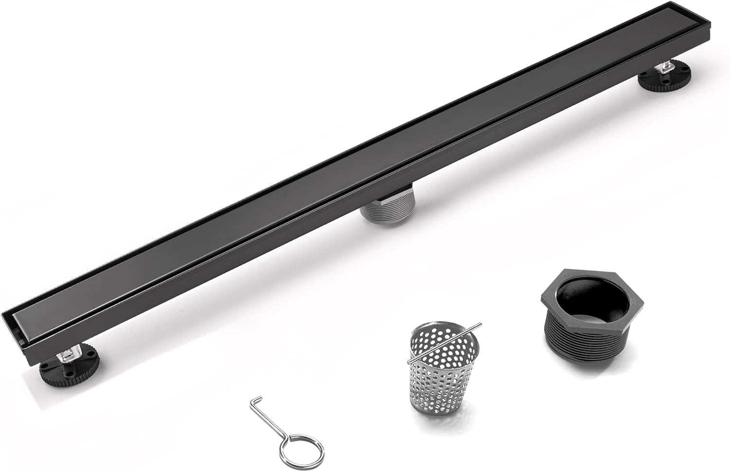 HEATGENE Linear Shower Drain 24-Inch, Stainless Steel Rectangle Shower Floor Drain with 2-in-1 Flat & Tile Insert Cover, Shower Drain with Leveling Feet & Hair Strainer, Matte Black Pack of 2