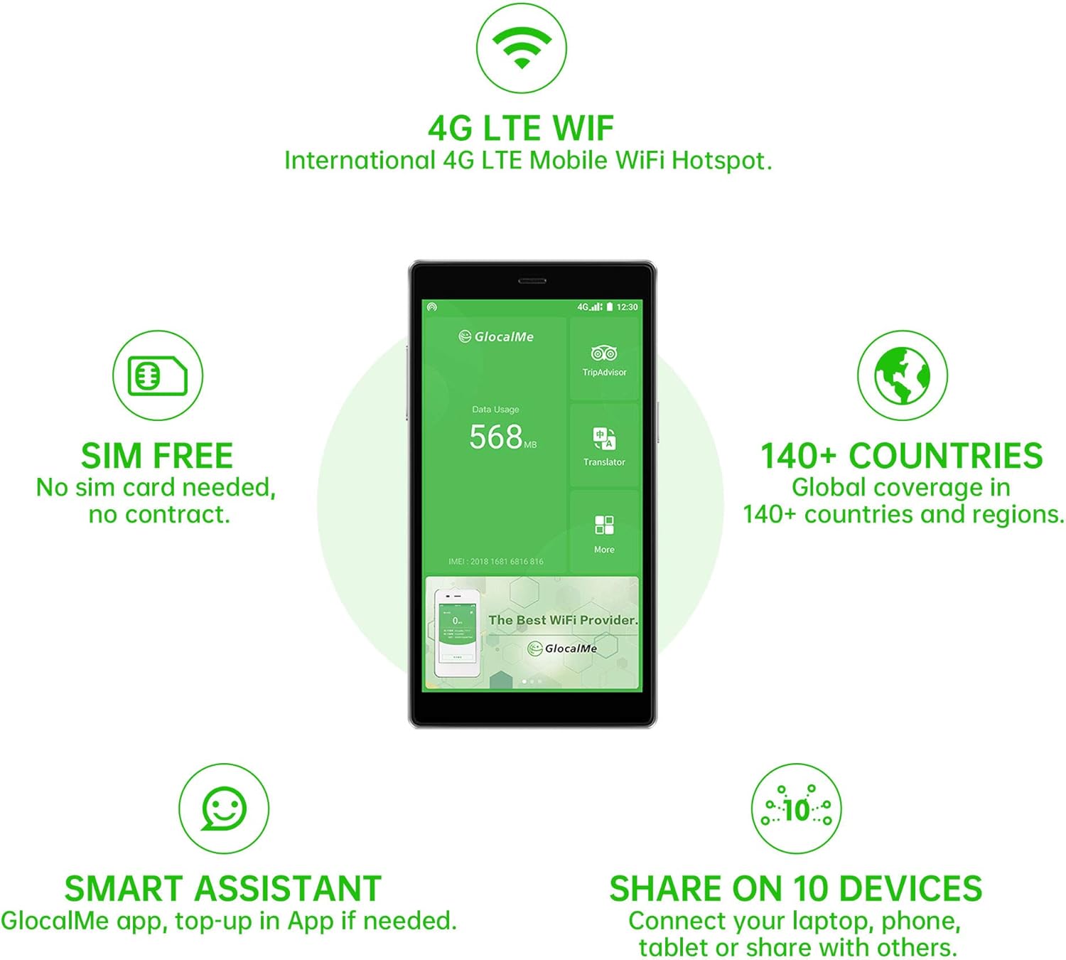 GlocalMe G4 Pro 4G LTE Mobile Hotspot Router, 5” Touch Screen LCD Display Worldwide WiFi Portable High Speed WiFi Hotspot with US 8GB & Global 1GB Data, SIMFREE, Pocket WiFi (Black)