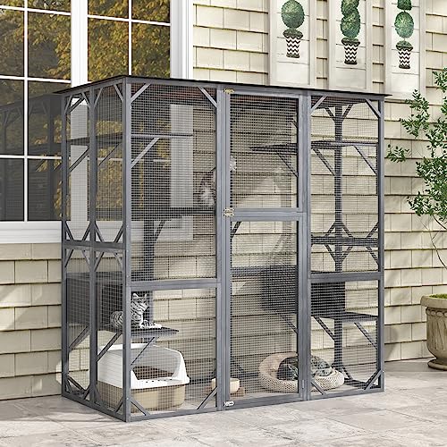 Tangkula Catio Outdoor Cat Enclosure Large, 72 Inch Tall Wooden Cat House with Weatherproof Asphalt Roof, Cat Cage Playpen on Wheels with 4 Platforms & 2 Resting Boxes, Walk-in Cat Kennel Condo