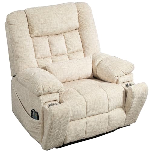 Light Grey Recliner Chair for Elderly | Tall and Big Man 400lbs | Chenille | Power Lift, Lay Flat, Stand Up, Wireless Charging Device, Extended Footrest, Massage Heat, Cup Holder, Lumbar Pillow