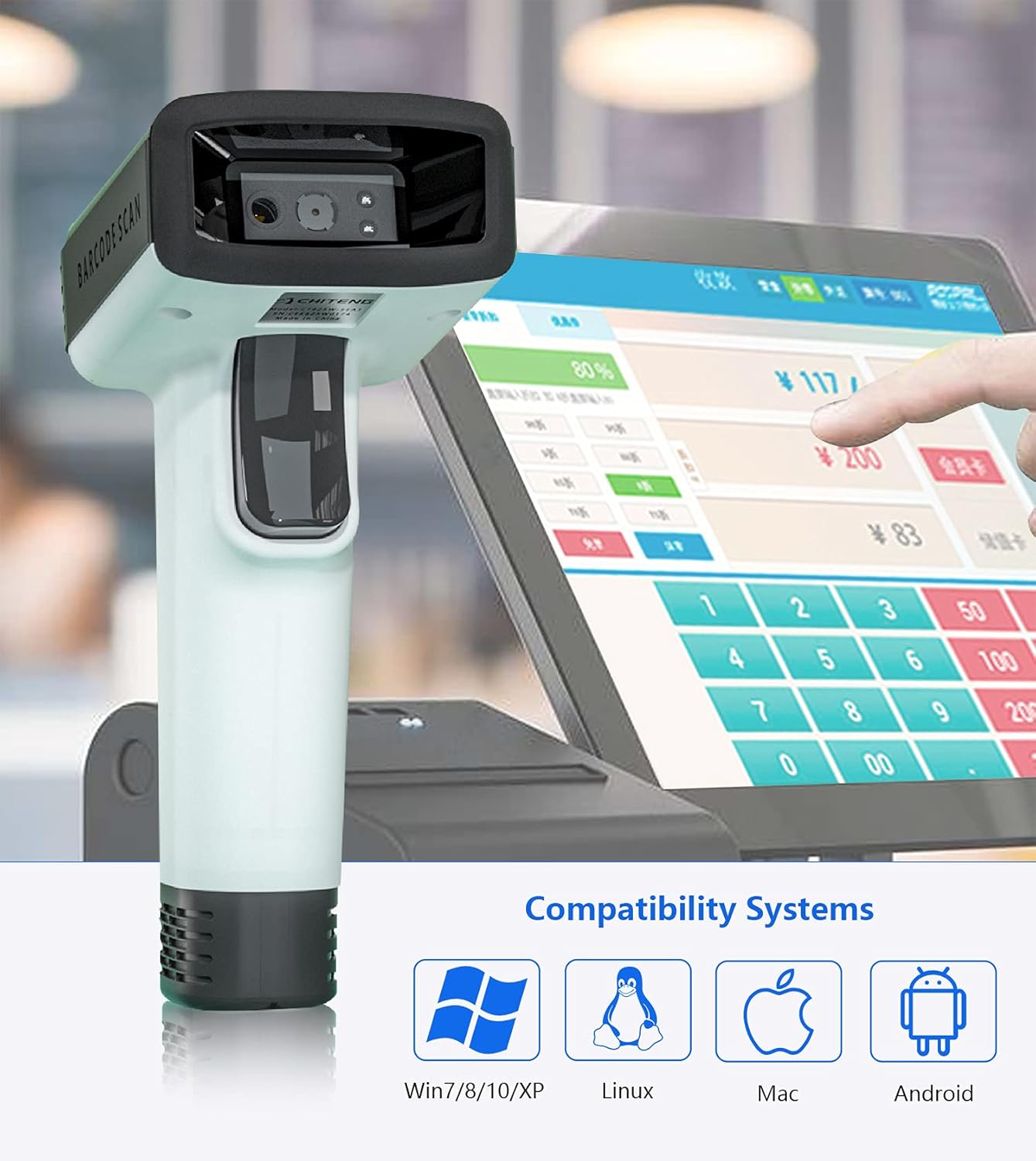 CHITENG Barcode Scanner Wireless, 1D/2D QR Code Scanner for PC, Handheld Bar Code Scanner with Vibration Alert, Plug & Play, USB Scanner Barcode for Warehouse, Supermarket, Store - White