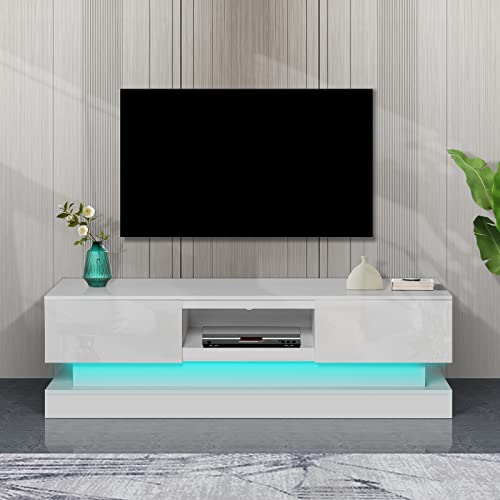LED TV Stand Compatible with 32 40 50 55 Inch TV, Entertainment Center, High Glossy Front TV Cabinet, TV Console with 2 Large Storage Drawer, 16 RGB LED Backlight, 4 Light Mode and Remote Control Comp