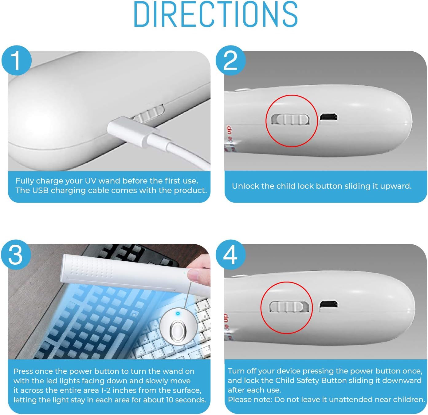 UV-C Light Sanitizer Wand - Powerful 253nm UV Sterilizer Rechargeable Handheld Ultraviolet Portable 99.99% Disinfection for Home, Office, Travel - Total Transparency with UVC Test Card Included