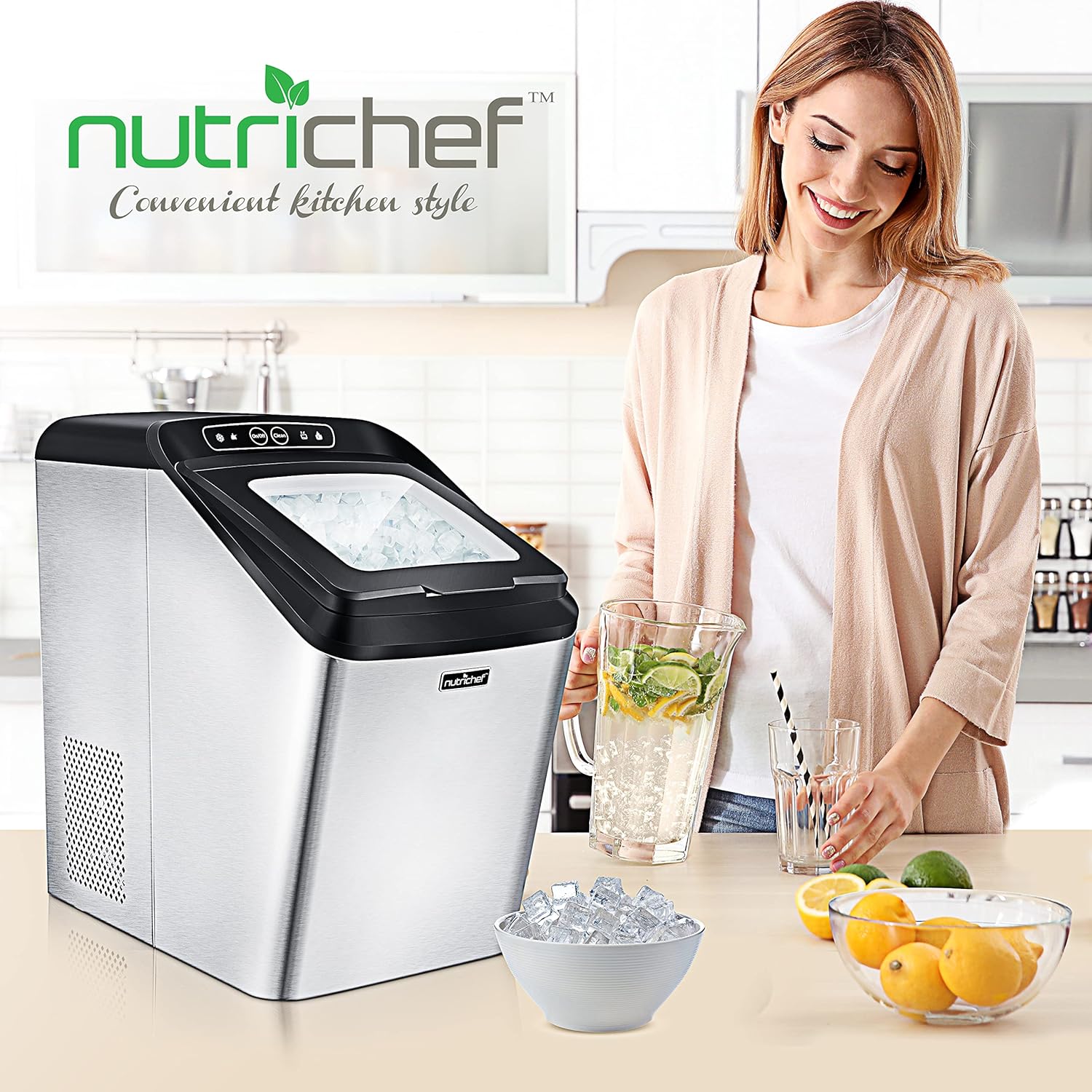 NutriChef Countertop Nugget Ice Maker Machine,Compact Self Cleaning Pellet Ice Machine,Quiet,Fast,and Efficient Icemaker,Stainless Steel Housing,Sleek Design for Indoor Use,Home,RV,