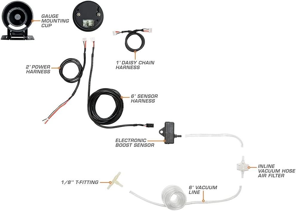 GlowShift Elite 10 Color 30 PSI Boost/Vacuum Gauge Kit - Includes Electronic Pressure Sensor - Black Dial - Tinted Lens - Peak Recall Function - for Car & Truck - 2-1/16" 52mm