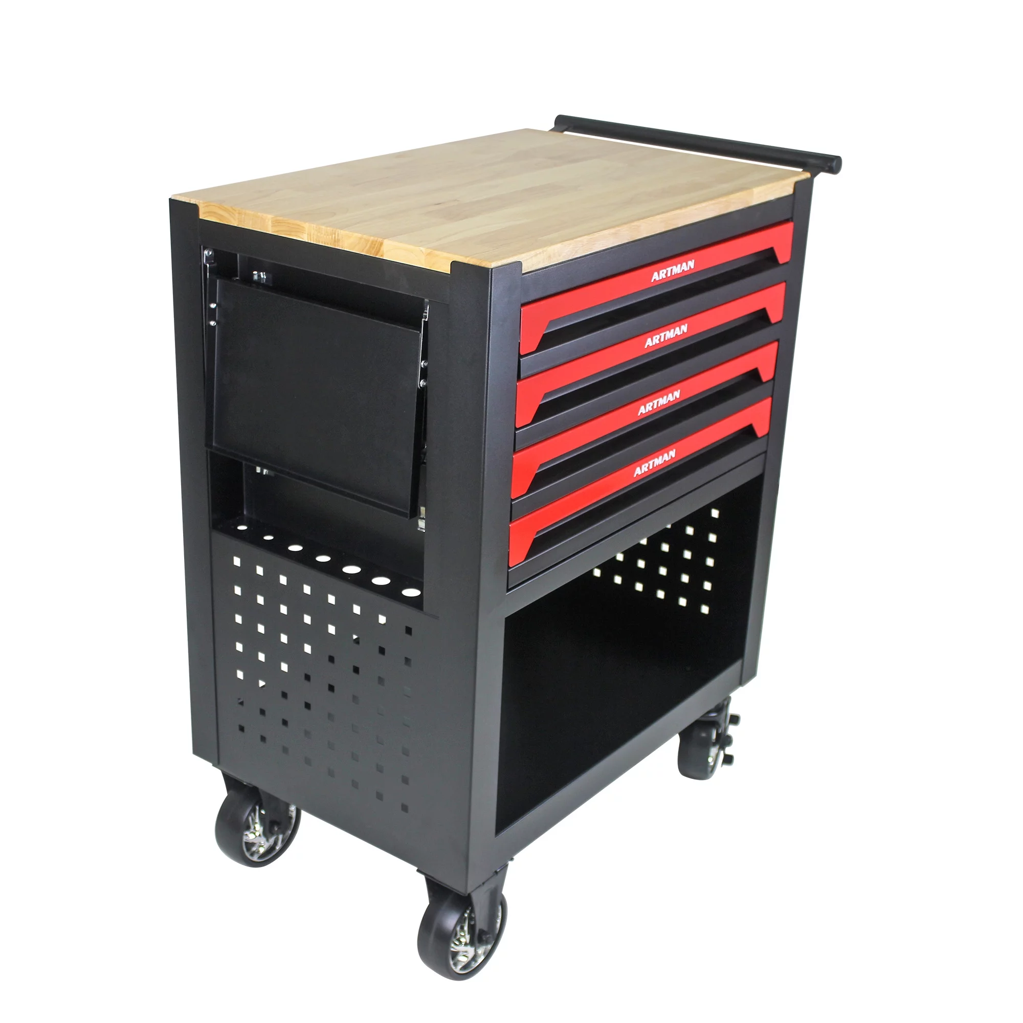 Seizeen 4-Tier Rolling Tool Cart, Multi-Purpose Mechanic Tool Chest On Wheels with Cabinet, Extended Tray & Handle, Heavy Duty Work Bench with Wooden Top and Tool Storage Organizer