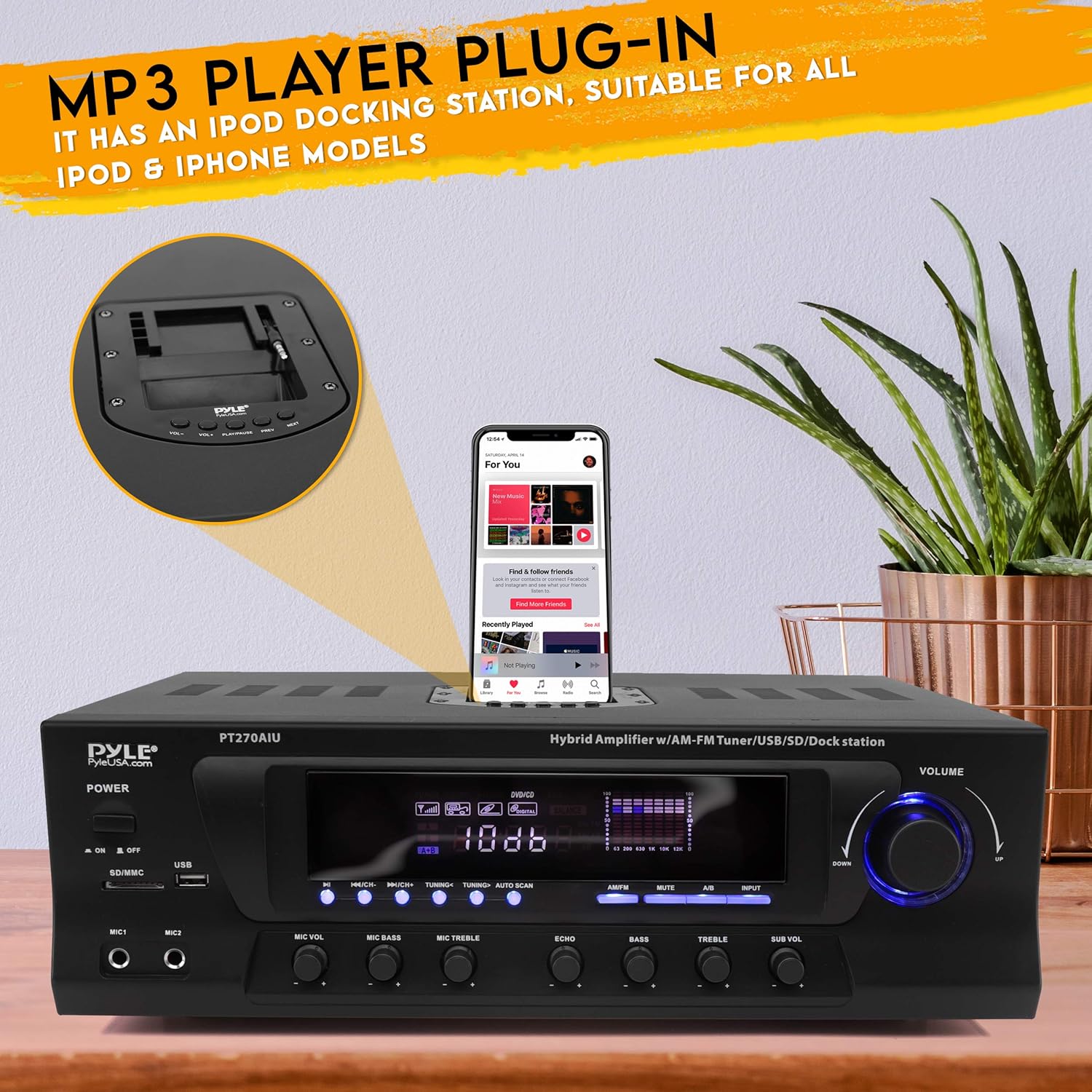 300W Digital Stereo Receiver System - AM/FM Qtz. Synthesized Tuner, USB/SD Card MP3 Player & Subwoofer Control, A/B Speaker, iPod/MP3 Input w/Karaoke, Cable & Remote Sensor - Pyle PT270AIU.5
