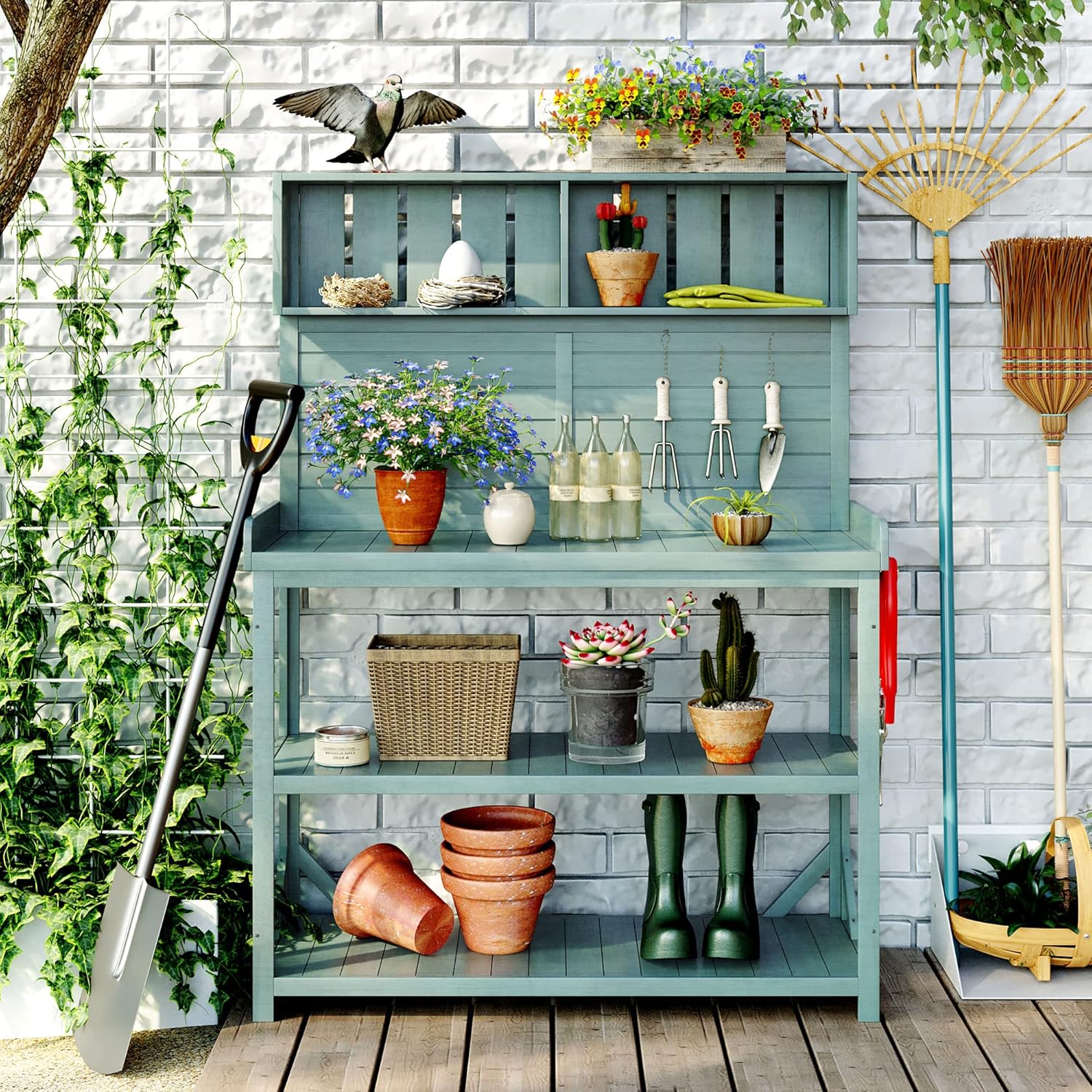 65" H Garden Wooden Potting Bench Table with 4 Storage Shelves and 3 Side Hook, Large Farmhouse Rustic Outdoor Patio Workstation w/Splash Plate & Anti-Falling Device, for Backyard Balcony, Green