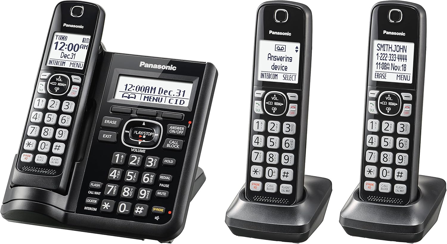 Panasonic Link2Cell Bluetooth Cordless Phone System with Voice Assistant, Call Block and Answering Machine, Expandable Home Phone with 5 Handsets – KX-TGF575S (Black with Silver Trim)