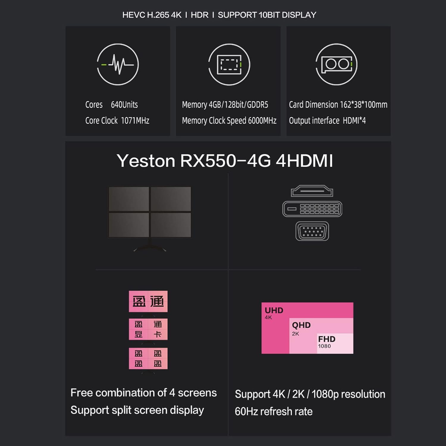 Yeston AMD Radeon RX550 4GB GDDR5 Computer PC Gaming Video Graphics Card 4Hdmi 6000mhz 128-Bit DirectX 12 PCI Express 3.0 GPU for Gaming PC Active Transfer VGA 4 Screen Single Slot Graphics Card