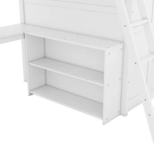 SOFTSEA Twin Size Loft Bed with Built in Desk & Wardrobe, Solid Wood Loft Bed with Storage Cabinet, High Loft Bed Frame with Large Wardrobe for Kids Teens Adults, Grey