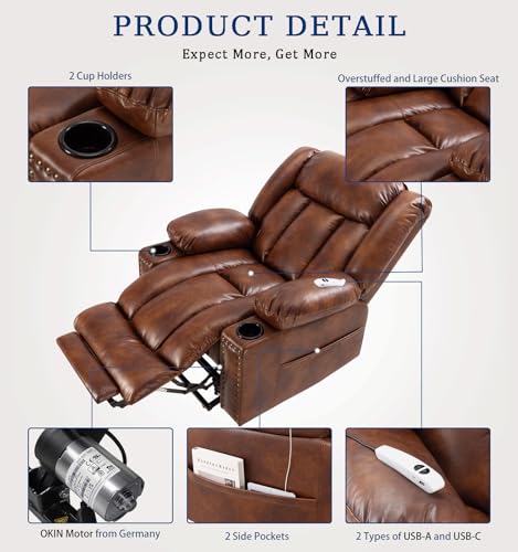 Large Power Lift Chairs Recliners for Elderly with Heated and Massage, Overstuffed Adjustable Lift Chairs, 3 Positions, Breathable Leather, USB-A and USB-C, Cup Holder, Side Pocket Dark Brown