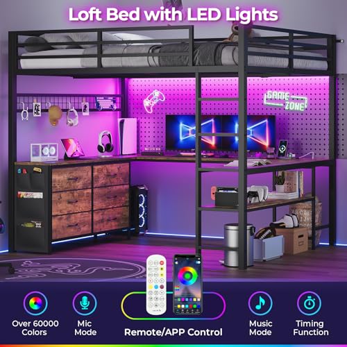 ADORNEVE Loft Bed Full Size with U-Shaped Desk, 6 Storage Drawers, Power Outlet, LED Metal Loft Bed with 2 Storage Shelves, Bed with Safety Guardrail & Ladders, No Box Spring Needed, Rustic Brown