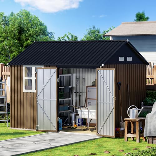10X12X7.5 FT Outdoor Steel Storage Shed with Lockable Doors, 2 Windows, Transparent Roof Panels (Wood Panels & Frame Floor Not Included), Ideal for Patio Storage,Garbage Can, Chicken Coop，Brown