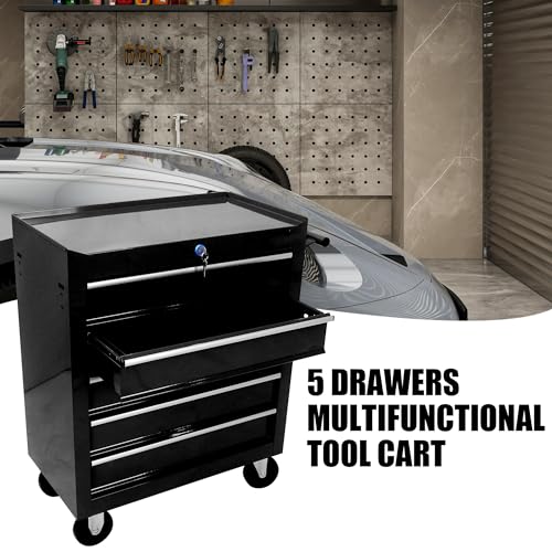 Rolling Tool Chest, 5-Drawer Rolling Tool Box With Interlock System And Wheels For Garage, Warehouse, Workshop, Repair Shop (Black)