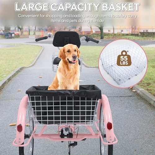 26 Inch Tricycle for Adults, 7 Speed Beach Cruiser Bike Adult Tricycles for Women Men, 3 Wheel Bikes for Adults Large Seat with Backrest, Three Wheel Bikes with Front & Rear Baskets