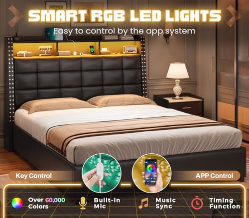 Itaar Queen Bed Frame with Storage Headboard and 4 Drawers, 50" High Upholstered Headboard with Hidden Storage, Platform Bed Frame with Led Lights and Charging Station, No Box Spring Needed, Gray