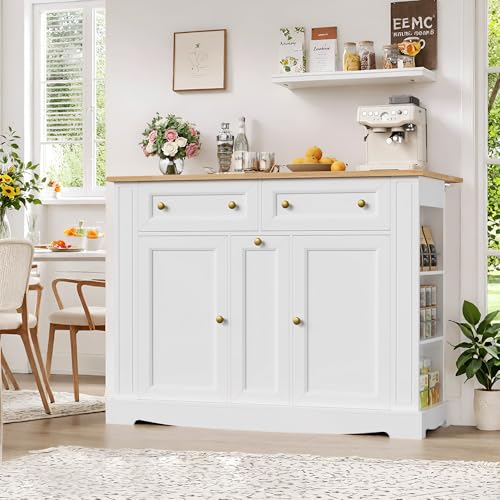 Kitchen Island with Storage, Kitchen Cart with Drop Leaf Countertop, Island Table with Open Spice Rack, 2 Drawers & Pull-Out Slim Bar Cart, White
