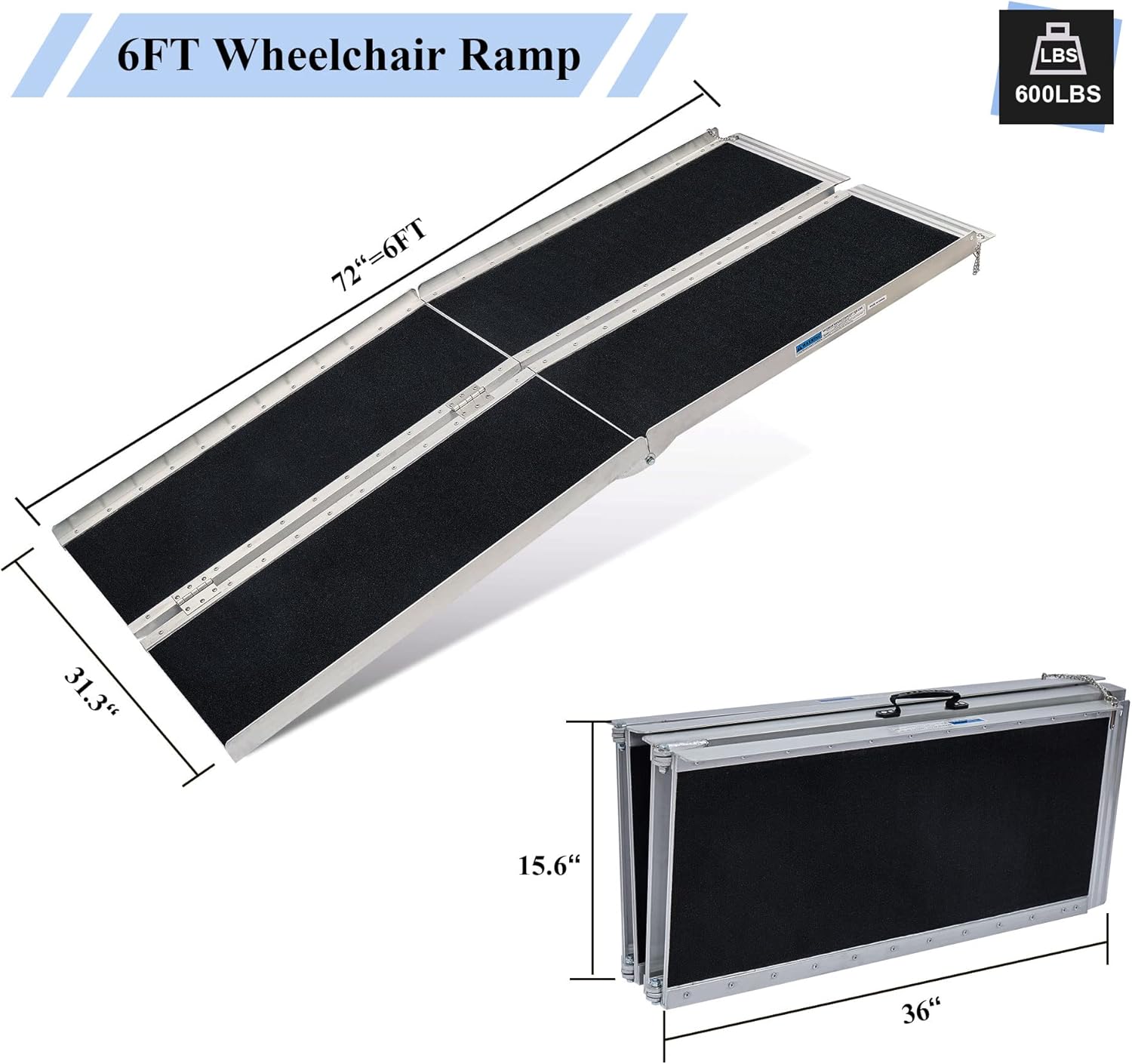 LEMNISCATE Wheelchair Ramp 6FT, Portable Wheelchair Ramp for Home, Lightweight Aluminum Ramp for Steps, Non-Skid Threshold Ramp for Doorways, Curbs, Foldable Mobility Scooter Ramp