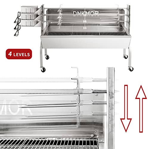 Rotisserie Grill Kit Stainless Steel Tripod Rotisserie Stand, 52inch Pig Lamb Hooded Roaster Charcoal Spit with Motor & Adjustable Height Lockable Casters for Outdoor Camping Party