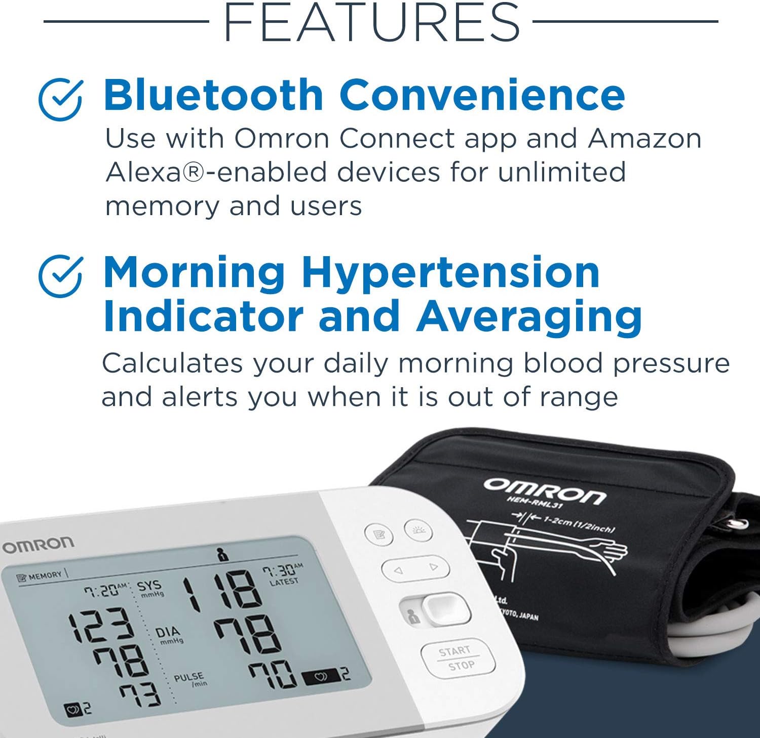 OMRON Gold Blood Pressure Monitor, Premium Upper Arm Cuff, Digital Bluetooth Blood Pressure Machine, Stores Up To 120 Readings for Two Users (60 readings each)