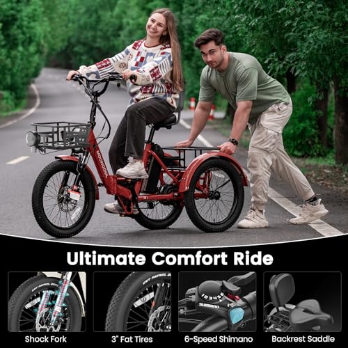 MOONCOOL Electric Tricycle for Adults, 500W/750W 48V 20" Folding Electric Trike Peak Power 1100W, 3 Wheels Electric Bicycle, Aluminum Frame Electric Tricycle with Large Basket and Removable Battery