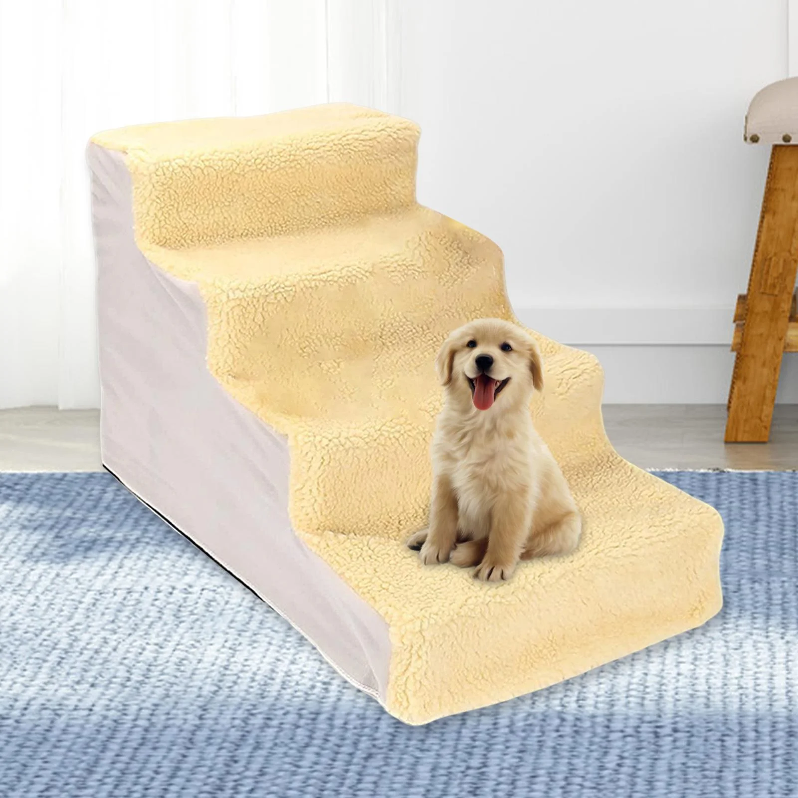 Portable Dog Stairs Ladder Ramp Warm Cover Non Slip Detachable Climbing Washable Stairs Step Pet Supplies for High Bed Indoor , Yellow
