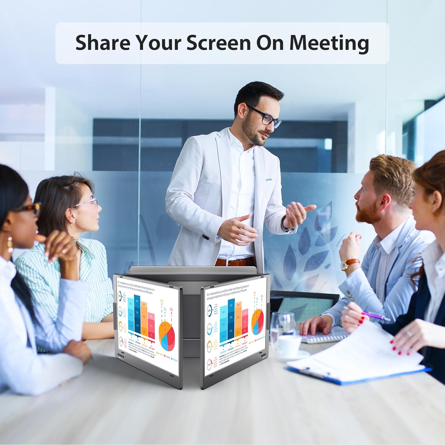 KYY Triple Laptop Screen Extender, 14" 1080P FHD IPS Dual Portable Monitor for Laptop, USB C Travel Extended Monitor for 12-16'' Laptop, 210°Rotation & Kickstand, for Mac Wins Android