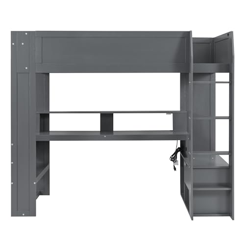 Wood Twin Size Gaming Loft Bed with Desk, Multi-Storage Shelves, LED and Charging Station，Suit High Loft Bed Frame with Bookshelf for Kids Teens Adults, (Dark Gray)