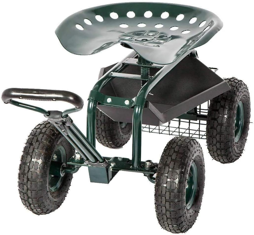 Garden Cart with Tool Tray and Storage Basket on Wheels Rolling Work Seat Heavy Duty Scooter with Handle