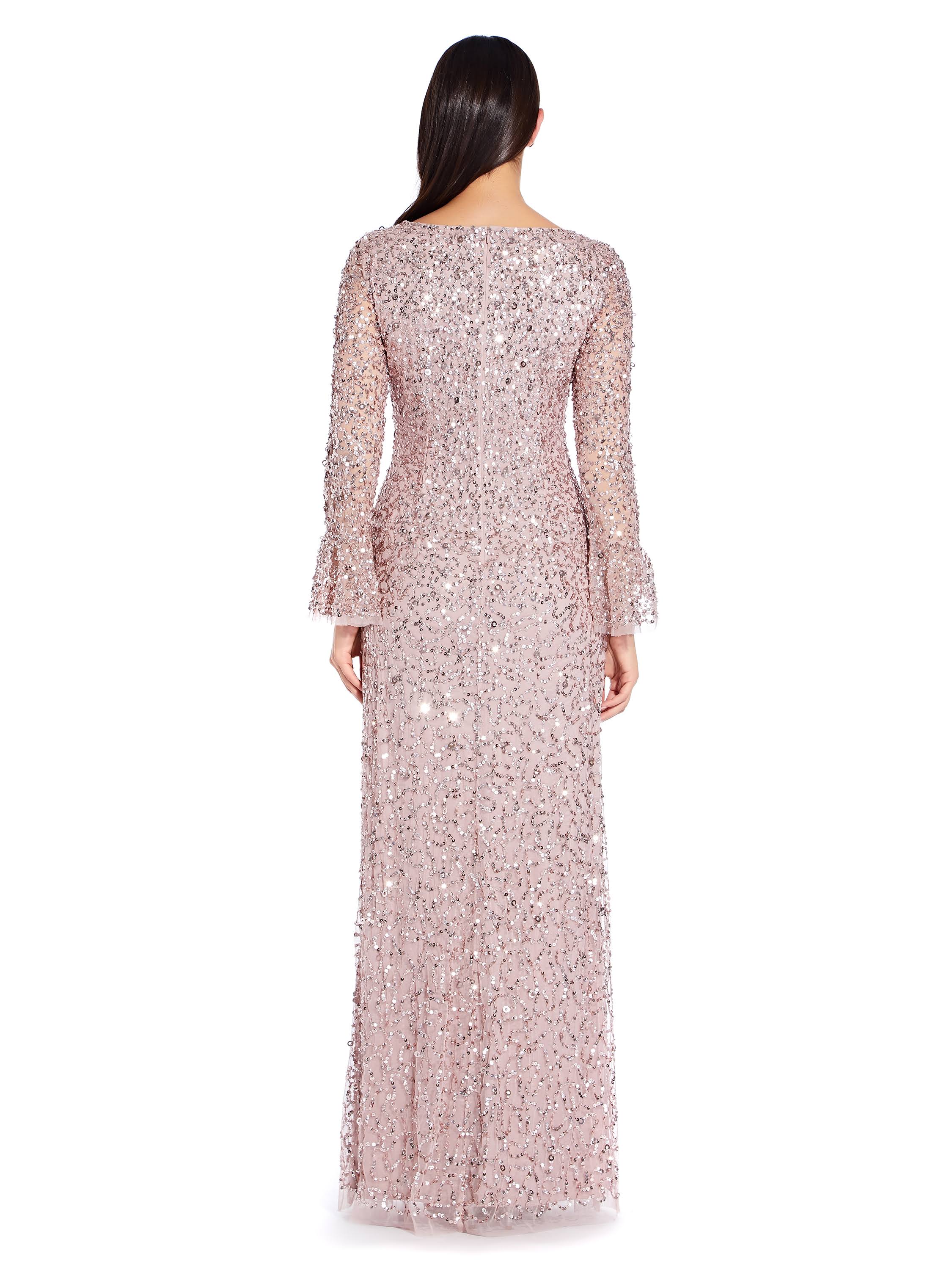 Adrianna Papell Beaded Evening Gown with Bell Sleeves - Pink