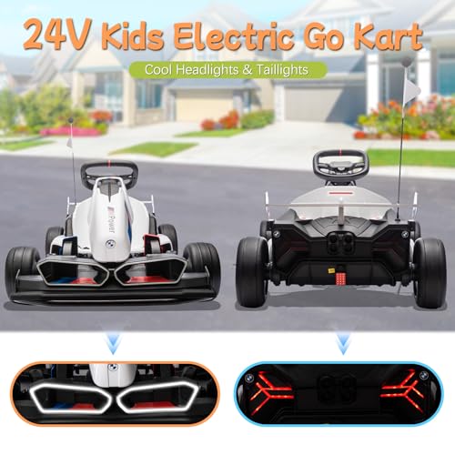 36V Electric Go Kart for Kids, Licensed BMW Battery Powered Drift Racing Go Kart, 7.5 MPH Drift Kart with Dual 300W Powerful Motor, Kids Race Pedal Go Karting Car w/Adjustable Speed, White