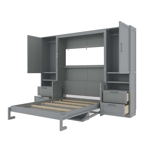 Merax Queen Size Murphy Bed with Desk, Space-Saving Wall Bed Frame with Closet, Drawers and Shelves, Foldable Platform Bed for Small Spaces Studio Study Office Guest Room, Gray