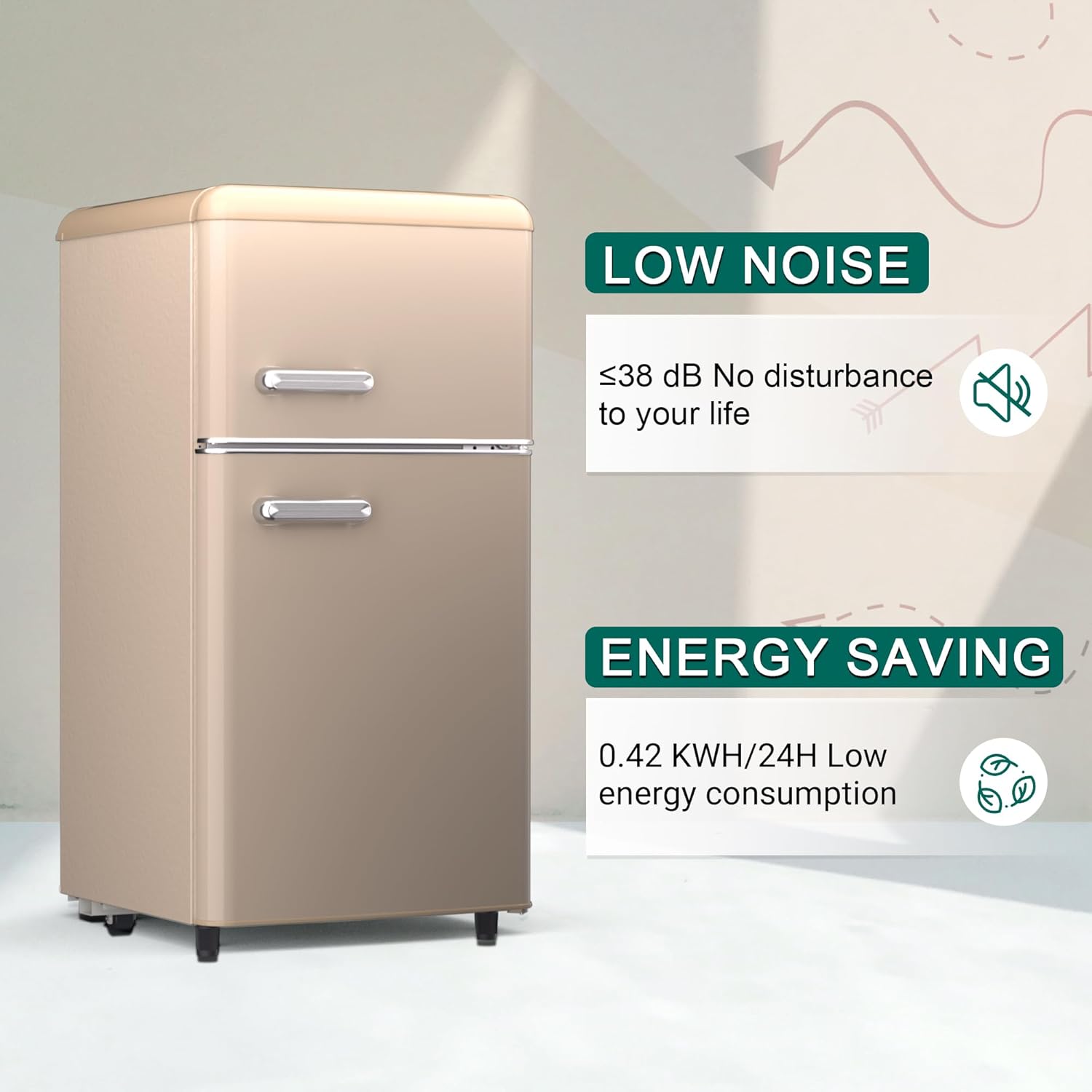Mini Fridge with Freezer Retro Refrigerator 4.1 Cu. Ft. Small Fridge with Freezer for Bedroom with Adjustable Temperature,Glass Shelves,2-Door Retro Mini Fridge for Dorm,Office,RV,Apartment(Gold)