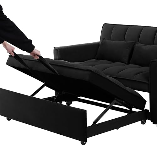 Sofa Bed,3 in 1 Convertible Sofa Bed, Modern Velvet Single Double Sofa, Adjustable Back, Storage Bag and Pillow Sofa Bed, Suitable for Living Room, Bedroom (Blue, Double)