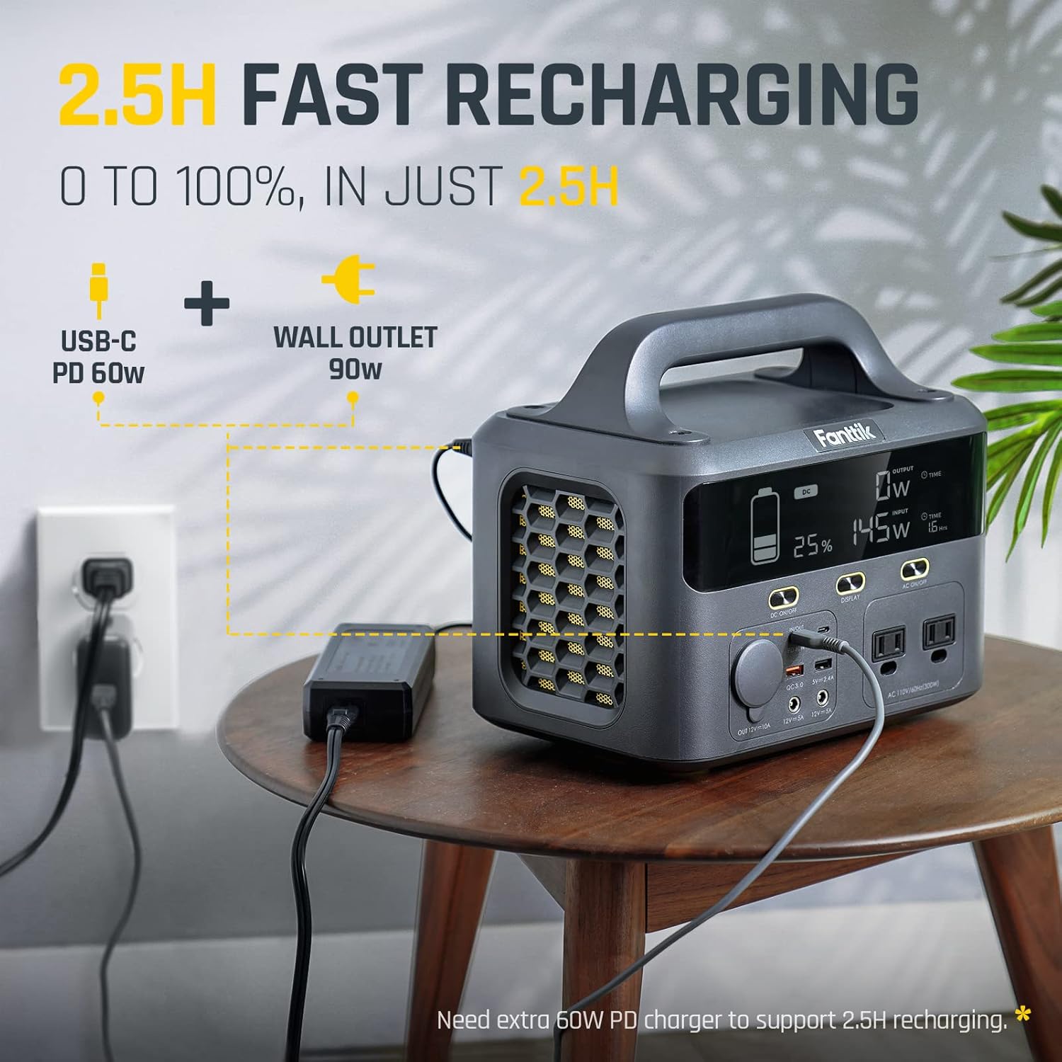 Fanttik EVO 300 Portable Power Station, 299Wh Backup Power Supply with Ultra Large Digital Screen, 2 AC 110V/300W(Peak 600W) Pure Sine Wave Outlets, Solar Generator (Solar Panel Not Included) for Outdoors Camping Travel Hunting RV Home Emergency