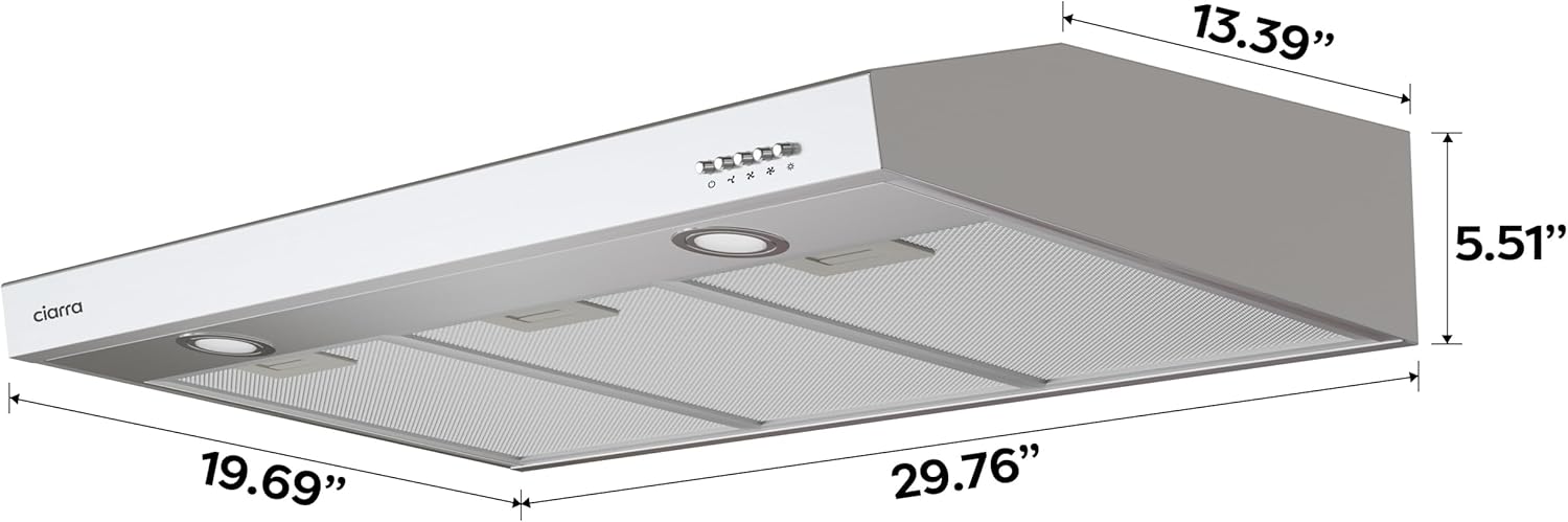 CIARRA Under Cabinet Range Hood 30 inch in Stainless Steel and Carbon Filter Kit Ducted Convertible Ductless Vent Hood CAS75905-006