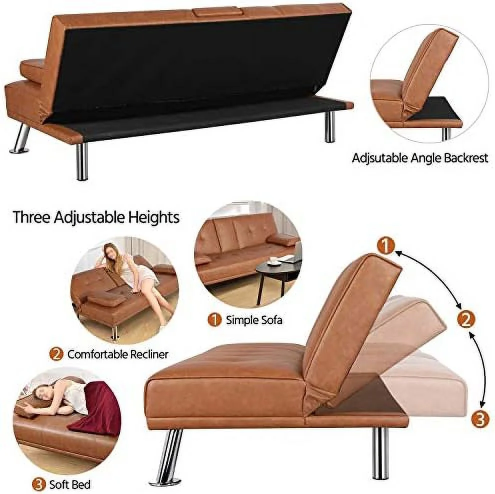 SJOPLMN Convertible Sofa Bed Adjustable Couch Sleeper Modern Faux Leather Home Recliner Reversible Loveseat Folding Daybed Guest Bed  Removable Armrests  Cup Holders  3 Angles  772lb Capa - Curated Treasures Market